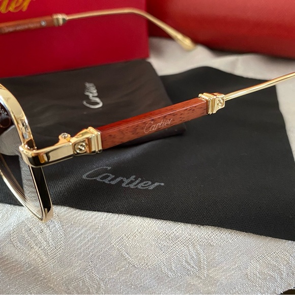 Cartier Wooden Temple Brown Square Sunglasses - Picture 8 of 9